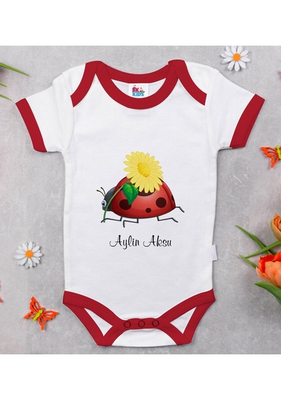 Bk Gift Bk Kids Kişiye Özel Uğur Böceği Tasarımlı Kırmızı Bebek Body Zıbın-2 Çok Renkli