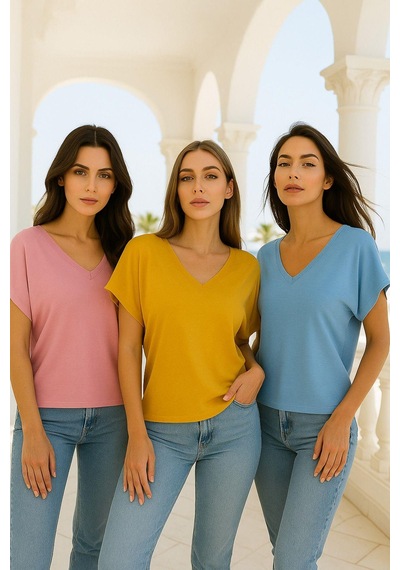 Kadın 3'lü Paket Pembe-mavi-hardal Viskon Ön Arka V Yakalı T-shirt Yarasa Kol Relaxed Bluz Çok Renkli