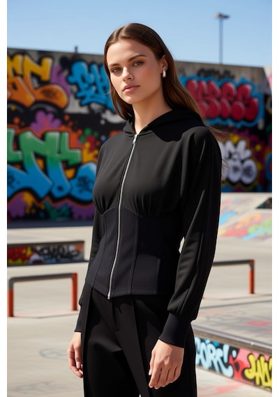 Benerly Kadın Kapüşonlu Düşük Kol Uzun Kollu Fitted Örme Sweatshirt Fonks siyah