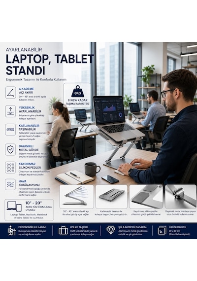 Schitec Metal Ayarlanabilir Laptop,tablet,Macbook Uyumlu,matebook Yükseltici Katlanabilir Stand Tutucu Gri