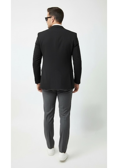 Plus Scorpion Erkek Lacivert Mono Yaka Likralı Blazer Ceket Esnek Konfor Kumaş, Tek Düğmeli Slim Fit Siyah