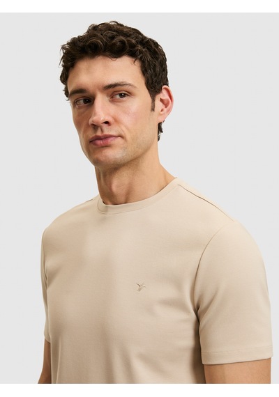 Bej Slim Fit Modal Karışımlı Bisiklet Yaka Basic T-shirt