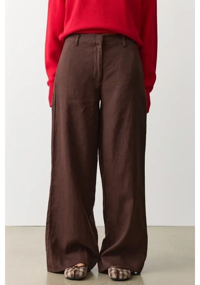 Madmext Kahverengi Yüksek Bel Keten Wide Leg Pantolon Mg2718