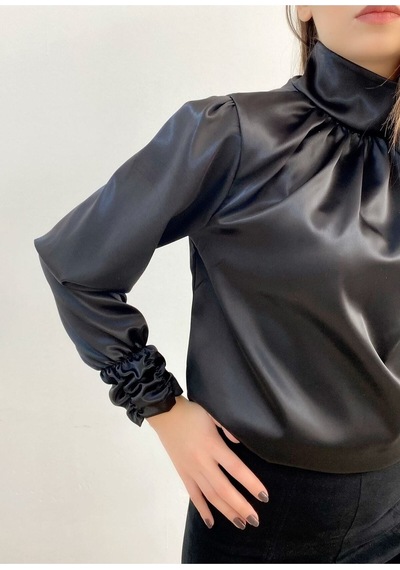 Mois Atelier Siyah Saten Büzgülü Bluz Gömlek Tasarım Büyük Beden Tesettür