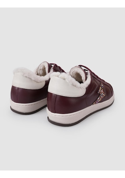 %100 Hakiki Deri Bordo Bağcıklı Kürklü Kadın Sneaker Bordo