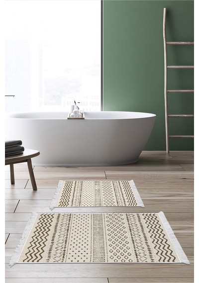 Dekoreko Kaymaz Taban Djt 2 Li Banyo Paspas Takımı Trend Saçaklı Iskandinav F5086 Kahve