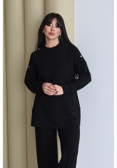 Balenbi Omuz Çıtçıt Detaylı Bisiklet Yaka Oversize Modal Tesettür Takım 1178 Siyah