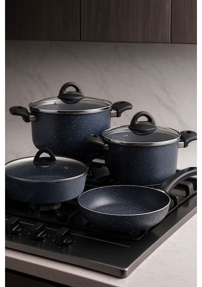 7 Parça Almeria Gri Granit Dik Tencere Ve Tava Seti 20 Cm 2.5l, 24 Cm 4.5l, 26 Cm 3l, 26 Cm Tava Lacivert