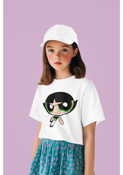 Sevbano Power Puff Girls Buttercup Baskılı Unisex Çizgi Film Çocuk Tişört Beyaz