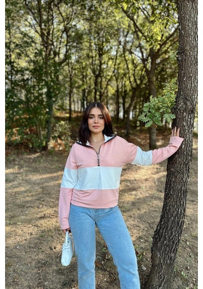 WeShaya Kadın Pembe Uzun Kol, Dik Yaka, Fermuarlı, Double Color Block Basic Sweatshirt Bluz Pembe