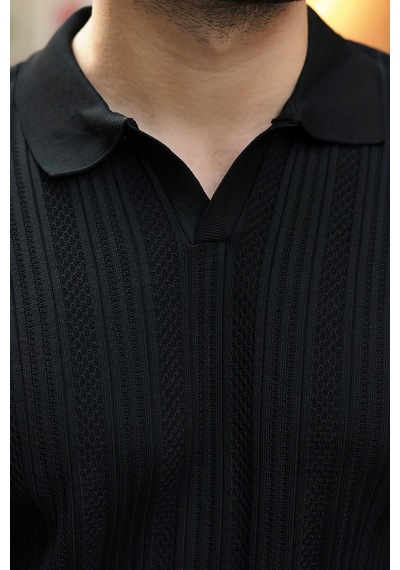 Madmext Siyah Polo Yaka Desenli Over Fit Erkek Triko Kazak E7517