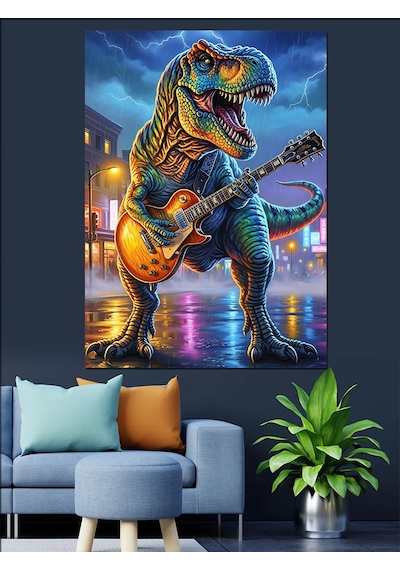 Ahşap Tablo Gitar Çalan Dinozor Rockçı