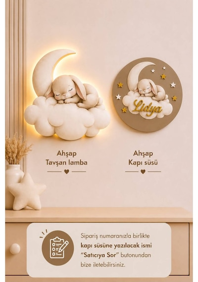 Ahşap İsme Özel Pilli Ledli Gece Lambası Ve Ahşap Kapı Süsü Seti Bebek Çocuk Odası Ekru