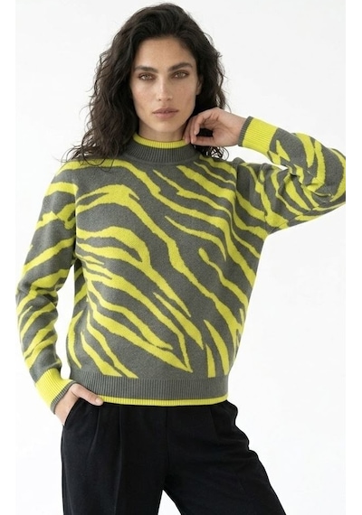 Neden Tekstil Kadın Premium Dik Yaka Zebra Desenli Triko Kazak - Haki-yeşil