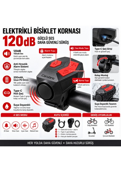 Luve Store 120 Db Usb Type-c Şarjlı Bisiklet Kornası Elektrikli Zil Hareket Sensörlü Alarm Scooter Uyumlu Siyah - Kırmızı