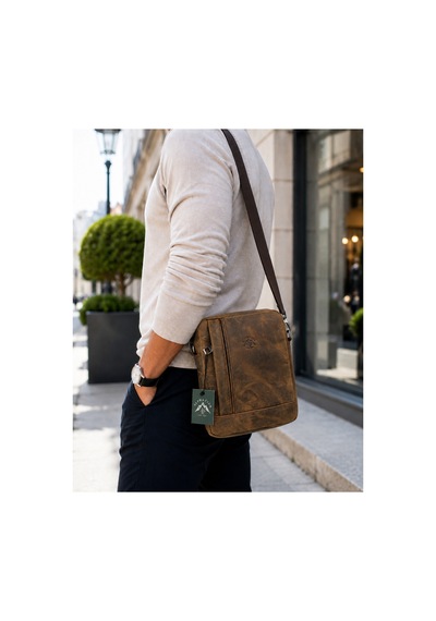Alphaclub Bag Erkek Crazy Bej Hakiki Deri Postacı El Ve Omuz Çantası Orta Boy Model 002
