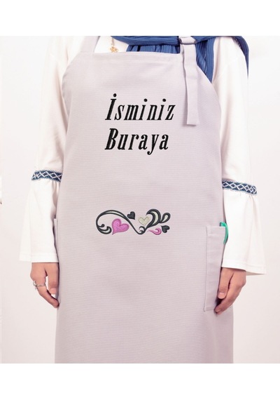 Mutfak Önlüğü Kişiye Ve İsme Özel Nakışlı Mutfak Önlüğü Kalpli 01 Farklı Renkler Gri