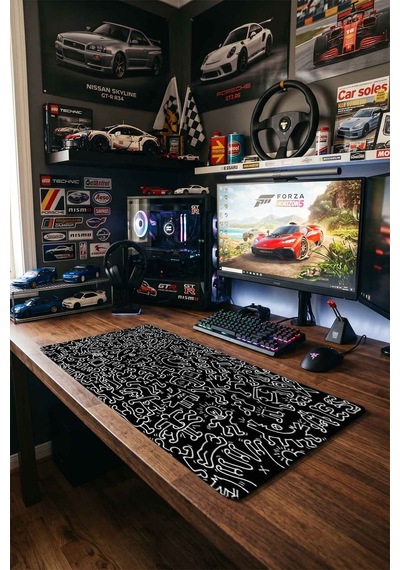 Siyah Beyaz Doodle Figürler 40x90 Cm Oyuncu Mousepad Kaymaz Taban Büyük Boy Mousepad