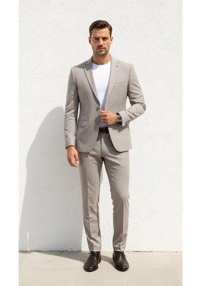 Erkek Slim Fit Mikro Dokulu Takım Elbise Çift Düğmeli Modern Kesim Gri