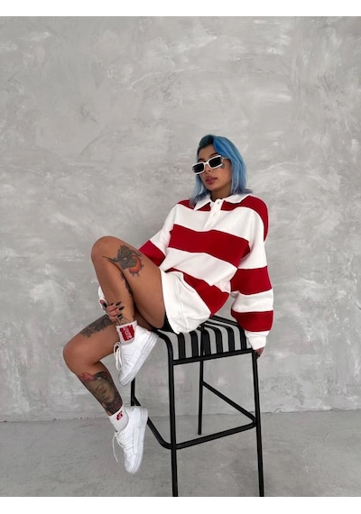 Mbb E-ticaret Kadın 3 İplik Pamuklu Parçalı Yakalı Sweatshirt - Kırmızı