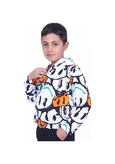 Panios Kids Emoji Desenli Kapüşonlu Unisex Sweatshirt 2 İplik Turuncu