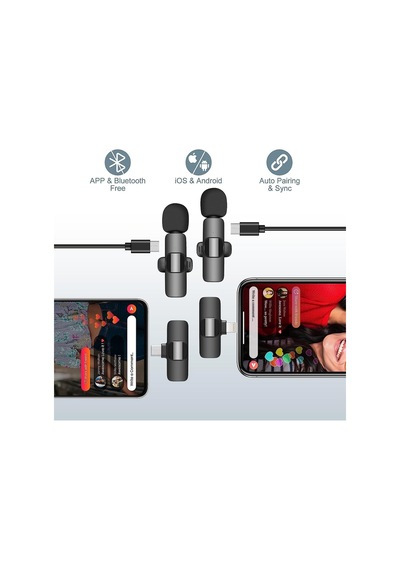 Kablosuz Tüylü Siyah Yaka Mikrofonu Type-c Ve İos Uyumlu Bluetooth 5.0 2 Li Set Siyah Siyah