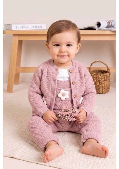 Babymod Yumuşak Dokulu Triko Hırkalı Kız Bebek Örgü Salopet Tulum Set Gülkurusu