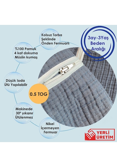 Yorni Denim Yazlık Ve Mevsimlik 4 Kat Müslin Torba Uyku Tulumu Koyu Gri