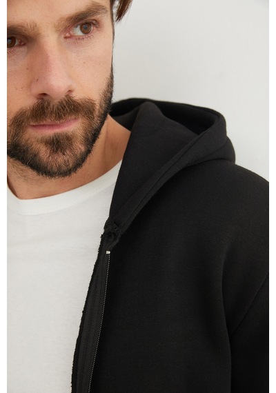 Fullamoda 3 İplik Fermuarlı Kanguru Cepli Sweatshirt Siyah