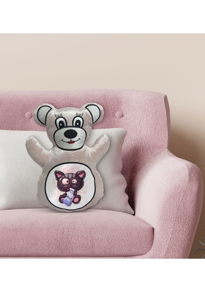 Bk Gift Sevimli Kedi Tasarımlı Krem Ayıcık Yastık-2