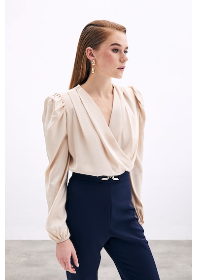 Sateen Kruvaze Vatkalı Bodysuit - Bej