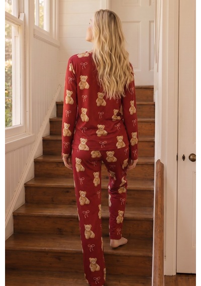 Siyah İnci Desenli Termal Kumaşlı Ultra Soft Yumuşak Örme Pijama Takımı 26226319 Kırmızı
