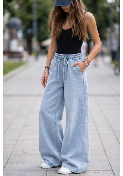 Kadın Yeni Sezon, Açık Mavi, Beli Lastikli, Bağcıklı, Cepli, Bol Paça, Palazzo Denim Jeans Kot Pantolon - Tesettü