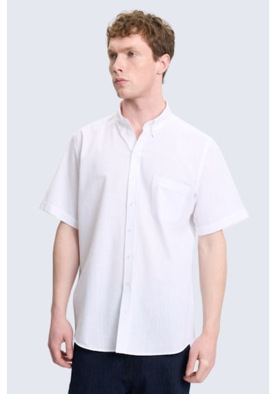 Hatemoğlu Beyaz Comfort Fit 100% Pamuk Düğmeli Yaka Kısa Kollu Casual Gömlek 4111993