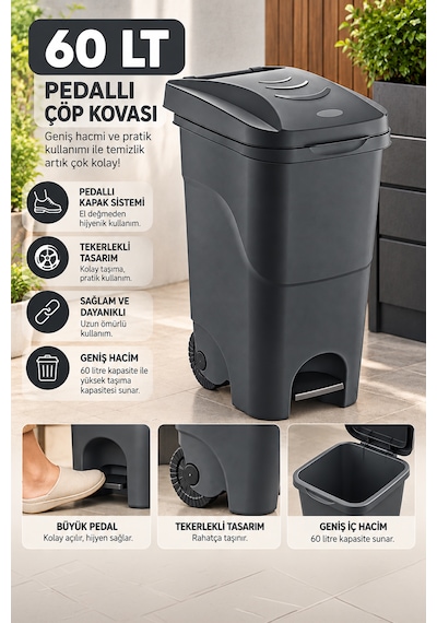 Porsima 1149 60 Lt Tekerlekli Pedallı Çöp Kovası - Büyük Boy Mutfak, Bahçe Ve Banyo Çöp Konteyneri Koyu Gri / Antrasit