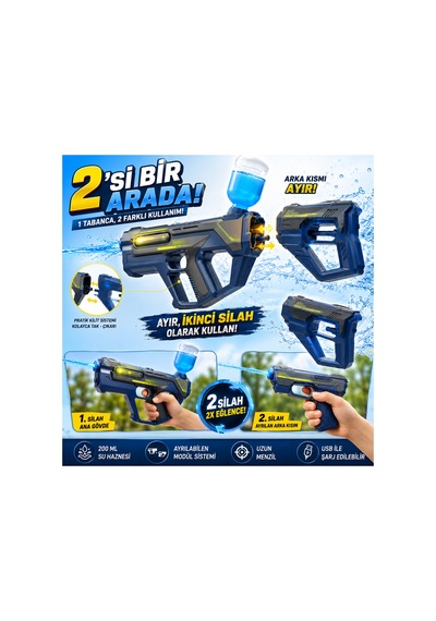 Modüler 2'si 1 Arada Şarjlı Su Tabancası 200 Ml Hazneli 25 Cm Mavi - 904696568