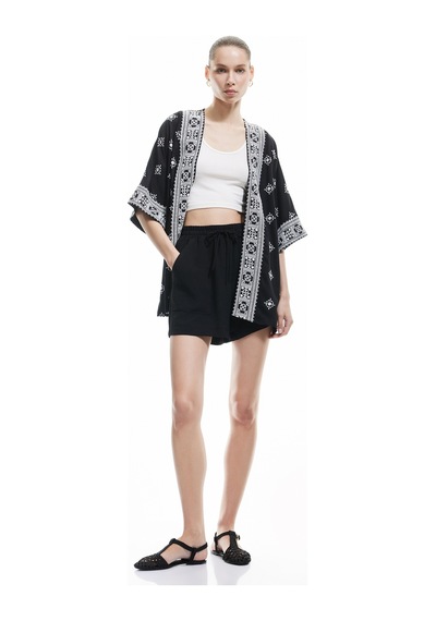 Koton Viskon Yarım Kollu Etnik Kimono Siyah Desenli 5sal50004ıw Siyah Desenli