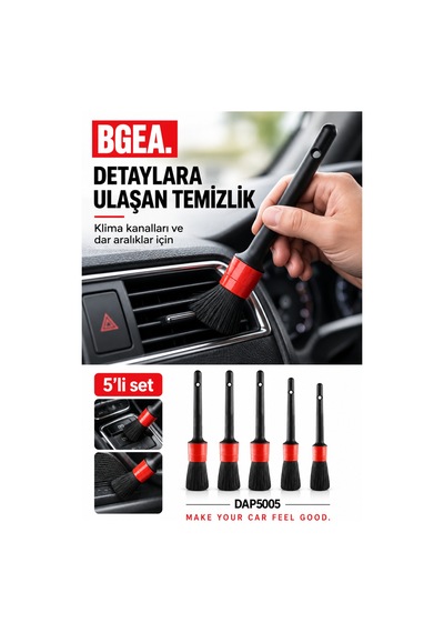 Bgea Oto Araç Detaylı Temizlik Fırça Seti 5 Li Kırmızı Siyah Pbt Kıllı