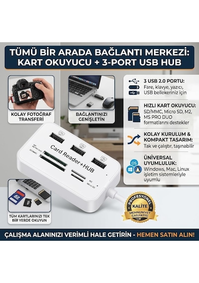 3 Port 2.0 Usb Çoklayıcı Hub + 4 Slot Kart Okuyucu, 45 Cm Kablo