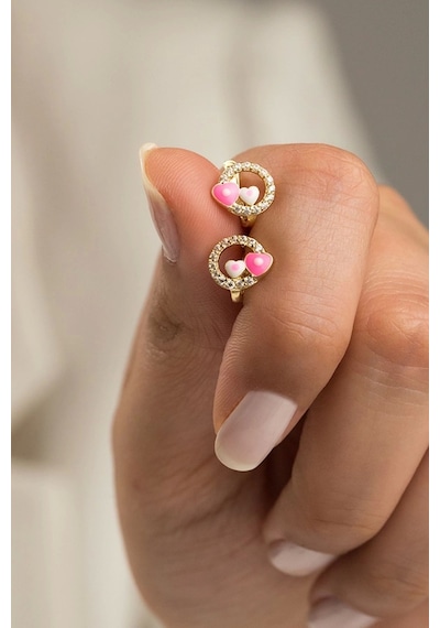 Çgk Çiğdem Gürel Kuyumculuk Pembe Kalpli Taşlı Çocuk Küpesi Sevimli Kız Çocuk Küpe Modeli Gold