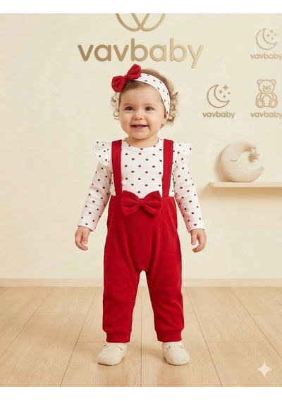Kız Bebek Kalp Desenli Fırfırlı Body Ve Kırmızı Fiyonklu Salopet Tulum Ve Bandana Seti Çok Renkli