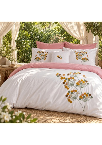 Azalea Nakışlı 7 Parça Çift Kişilik Nevresim Takımı Pudra-beyaz
