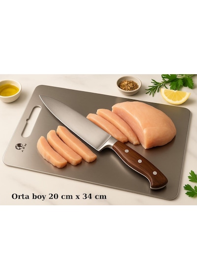 Paslanmaz Çelik Antibakteriyel Kesme Tahtası 304 Kalite - Orta Boy 20x30 Cm Gri