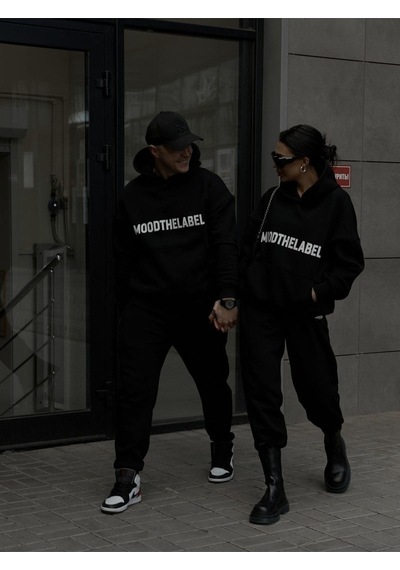 Mood The Label Kışlık Eşofman Takımı - Siyah Baskılı Kapüşonlu Oversize Şardonlu Siyah