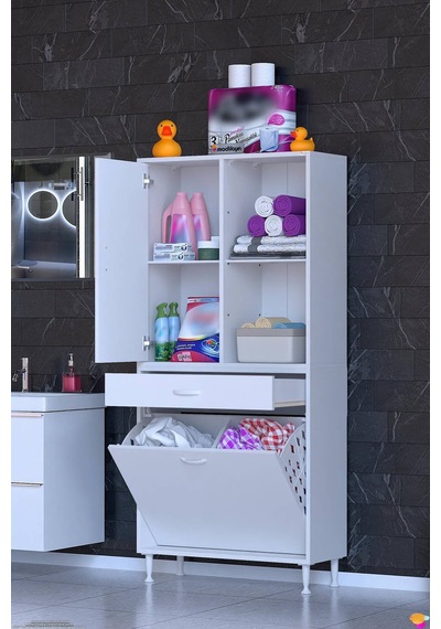 Afra 80 Cm 2 Gözlü Kirli Çamaşır Sepet, 1 Kapak Ve Çekmeceli 4 Raflı Çok Amaçlı Banyo Dolabı Beyaz Afra 80 Cm 2 Gözlü Kirli Çamaşır Sepet, 1 Kapak Ve Çekmeceli 4 Raflı Çok Amaçlı Banyo Dolabı Beyaz