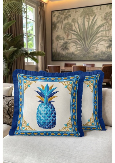 Ananas Tropik Otantik Motifli Saçaklı Yastık Kılıfı - Akdeniz Mavi Lacivert Püsküllü Kırlent Kılıfı Sakin Ufuk Serenat