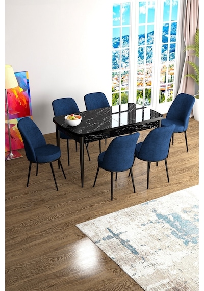 Canisa Han Serisi, Siyah Mermer Desen 70x114, Açılabilir Mdf Mutfak Masa Takımı, 6 Lacivert Sandalye Masa Siyah Mermer Sandalyeler Lacivert Canisa Han Serisi, Siyah Mermer Desen 70x114, Açılabilir Mdf Mutfak Masa Takımı, 6 Lacivert Sandalye Masa Siyah Mermer Sandalyeler Lacivert