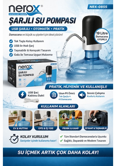 Nerox Şarjlı Su Pompası Nrx-0855 Usb Şarjlı Damacana Su Pompası Otomatik Su Sebili Aparatı Siyah