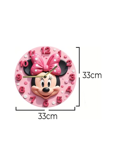 Minnie Mouse Temalı Pembe Mdf Duvar Saati 3d Görünümlü, Sessiz Mekanizmalı, 2d Hd Baskı Sdw235 Renkli