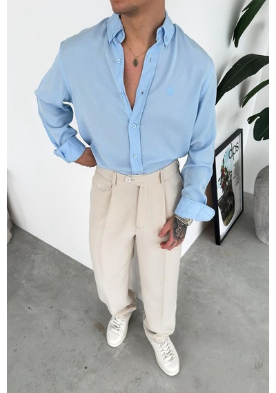 Bebe Mavi Nakışlı Oversize Modal Gömlek Bebe Mavi